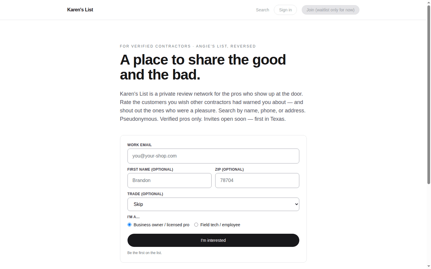 Karen’s List — live site